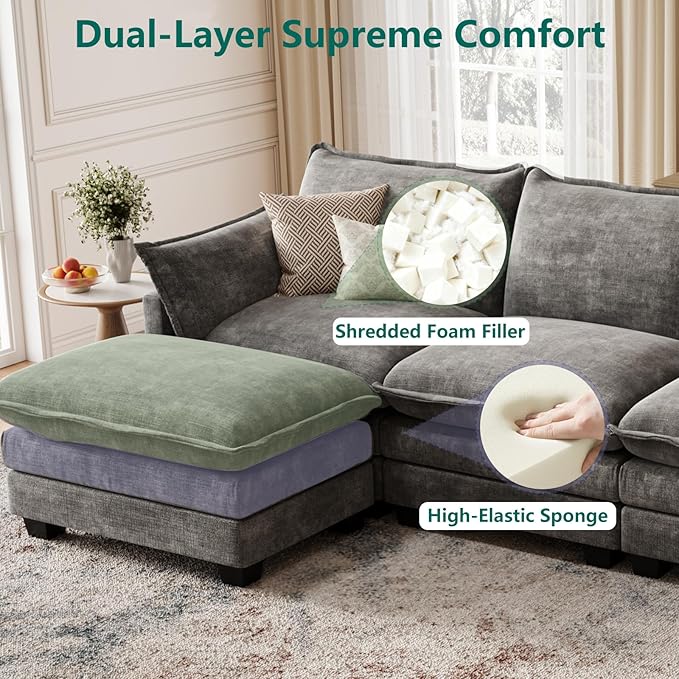 Modular Sectional U Shaped Sofa Couches for Living Room, Cloud Couch with Movable Ottoman, Comfy Chenille Sofa with Pillow for Bedroom and Apartment,Dark Gray