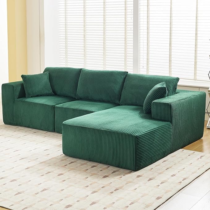 Sectional Cloud Boneless Couch 108" Modern Comfy L-Shape No Assembly Required Convertible Compression Sleeper Modular Sofa with Corduroy Fabric Deep Seat Loveseat + Chaise for Living Room