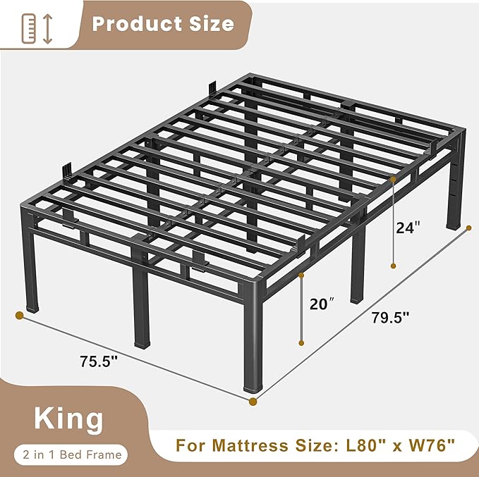 ROIL 24 Inch King Size Bed Frame, Metal Bed Frame & Box Spring 2 in 1 Platform with Round Corner Legs, 4000LBS Double Layer Bed Frame with Headboard Holes Mattress Baffles, Noise-Free Easy Assembly