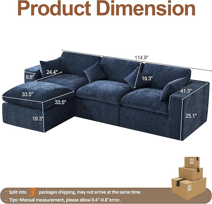 115''Cloud Boneless Sectional Couch, Modular Sectional Sofa Deep Seat with Ottoman, Oversized Upholstered Convertible Comfy 4 Seater Chenille Sofa L Shape Couches for Living Room, Navy