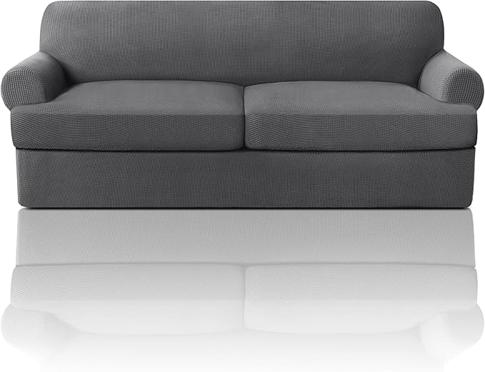 PrinceDeco T Cushion Sofa Slipcover 3 Pieces Sofa Covers for T Cushion Couch Soft Couch Covers Sofa Slip Cover Furniture Covers with 2 Individual T Shape Seat Covers Width Up to 88", Grey