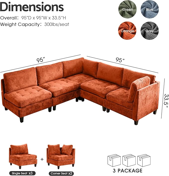 Luxe Oversized Modular Sectional Sofa Set，Modern Chenille Comfy Sectional Cloud Couch for Living Room (5-Seater, Orange)