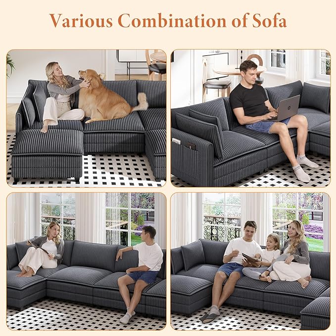 Vesgantti 143" U Shaped Modular Sectional Couch, Comfy Corduroy Upholstered Cloud Sofas for Living Room, Modern 4 Seater Sofa with 2 Movable Ottoman & Throw Pillows, Charcoal Grey