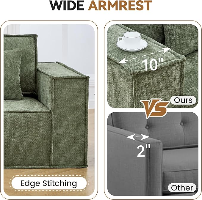 138'' Boneless Chenille U Shaped Couch, Oversized Modular Sectional 6 Seater Sofa, Modern Deep Seat Corner Cloud Compressed Couch, No Assembly Sleeper Sofa with Chaise for Living Room, Green