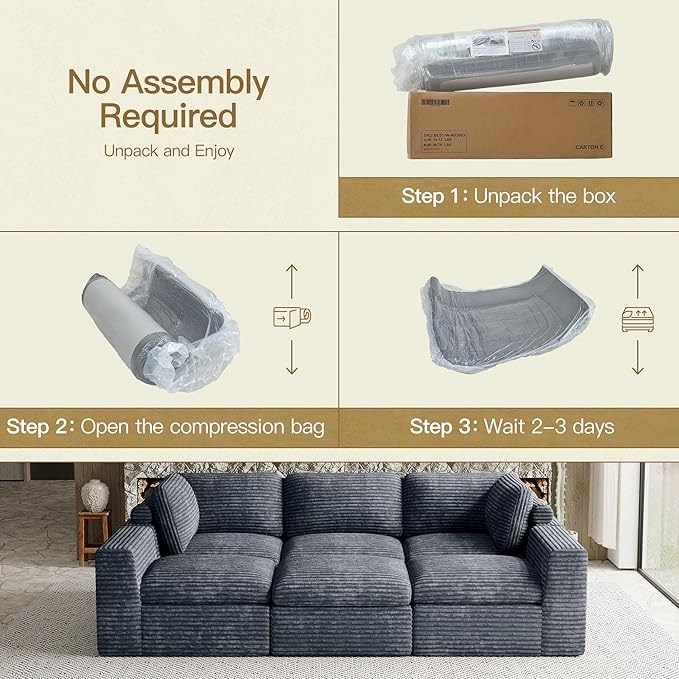 Belffin Boneless Modular Cloud Sectional Sleeper Sofa Bed Plush Corduroy Boneless Sectional Couches for Living Room with Ottoman No Assembly Required. Grey Couch