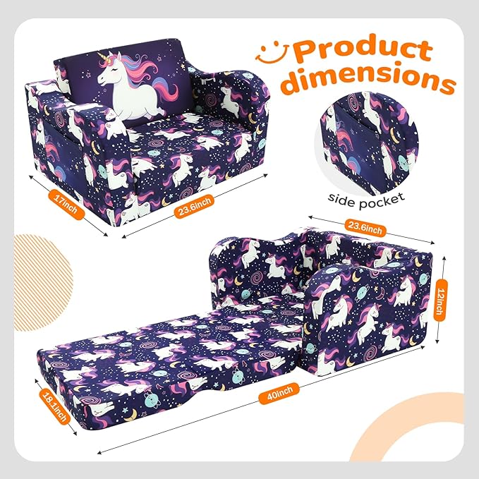 MeMoreCool Kids Folding Couch – Purple Unicorn Toddler Chair, Fold-Out 2-in-1 Sofa Bed Comfy Foam Seating, Washable Cover, Armrests & Side Pocket for Playroom or Nursery Ages 1–3