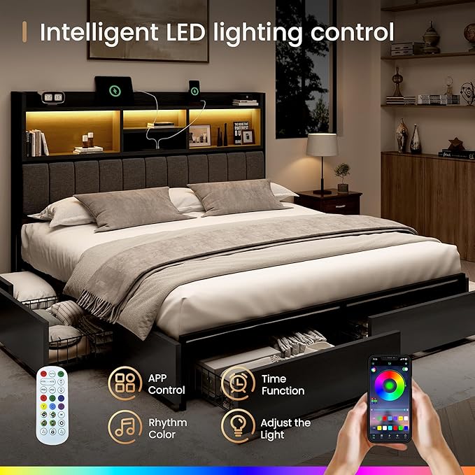 BRELTAM King Bed Frame with 6 Storage Drawers, Linen Upholstered Headboard, Built-in USB Charging Station & LED Lighting, Silent Metal Support, No Box Spring Needed, Vintage Black