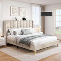 BRELTAM Queen Upholstered Platform Bed Frame with Linen Headboard & Wing Side, Built-in Charging Station, Wooden Slat Support, Mattress Foundation, No Box Spring Needed, Beige