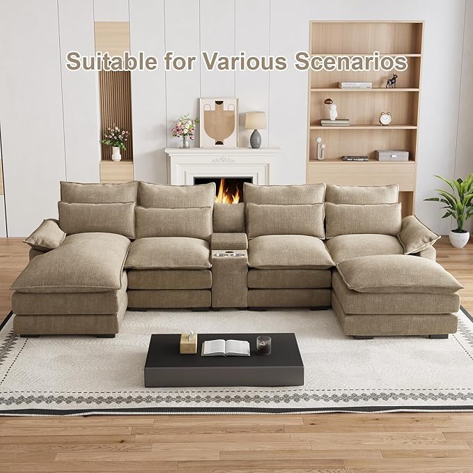 135" U Shaped Cloud Couch Sectional Modular Sectional Couches for Living Room Oversized Comfy Chenille Sofa Cloud Couch Set with Storage Central Console, USB Ports, Chaise Lounge, Ottoman, Brown