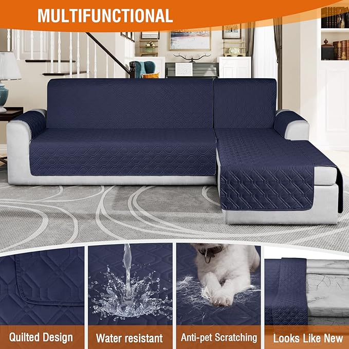 VANSOFY Sectional Couch Covers 100% Waterproof L Shaped Sofa Slipcover 3pcs Reversible Chaise Lounge Cover for Sectional Sofa Furniture Protector Cover for Pets Cat Dog(Large, Dark Blue)