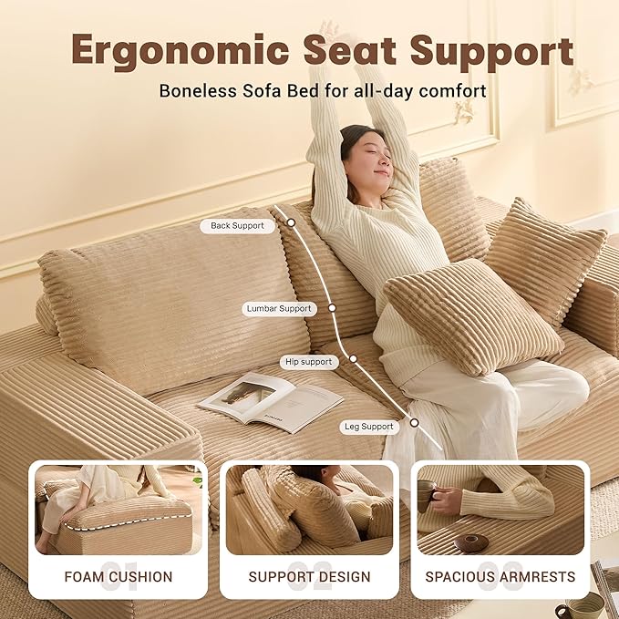 74.8” Set of Cloud Couch, Modular Loveseat Sofa, Convertible Sofas Bed, Deep Seat Sofa, Cozy Sofa for Living Room, Office and Bedroom, Corduroy, Camel