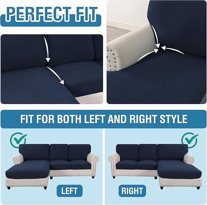 H.VERSAILTEX Sectional Couch Covers 6 Pieces Stretch Sofa Covers for Sectional Sofa Set Separate L Shaped Couch Cover for Both Left/Right Couch (Seat and Back: 1 Chaise + 2 Sofa, Navy)