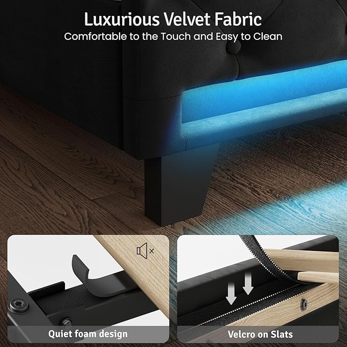 Belffin Queen Size Bed Frame with Headboard,50" Tall Headboard Upholstered Velvet Platform Bed with LED Lights & 2 USB Port/1 Type C Port, Button Tufted, No Box Spring Needed,Noise Free,Black