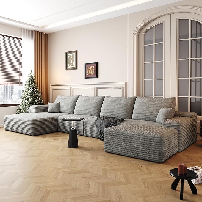 136" Sectional Couches for Living Room Cloud Couch Sofa with L-Shape Upholstered Boneless Couchs Modern Modular Sectional Couch with Chaise (Grey, 136" Left Facing Chaise+3Seaters+Ottoman)