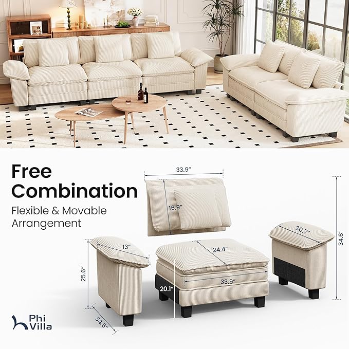 PHI VILLA 2 Pieces Modular Sofa and Loveseat Set, Corduroy 5-Seater Oversized Couch Sets with Deep Seat, Sectional Couches for Living Room, Beige
