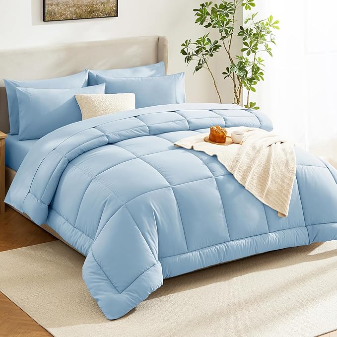 CozyLux Queen Comforter Set Baby Blue, 7 Pieces Bed in a Bag, Blue Comforters Queen Size, All Season Bedding Sets with Stitch Quilted Comforter, Flat Sheet, Fitted Sheet, Pillowcases