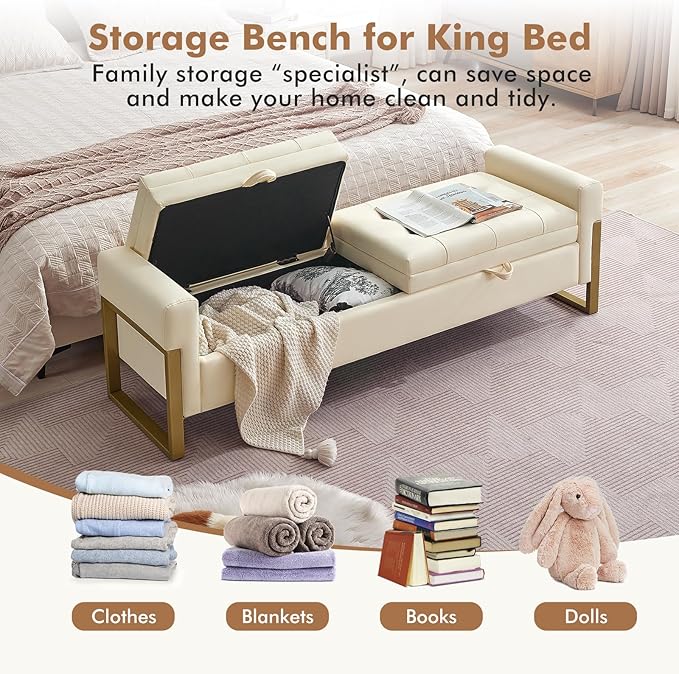 67" End of Bed Storage Bench King Size, Upholstered Faux Leather Bench for Bedroom Foot of Bed, Double Lids Storage Ottoman Bench with Golden Legs for Window Living Room Entryway, Beige