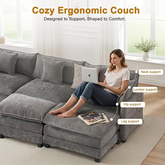 U-Shaped Cloud Chenille Sofa Sectional Couch with 2 Ottomans, 146" Modular Sofa for Large Spaces, Ultimate Comfort with Deep Seats & Pillows, Solid Frame, 1YR Warranty