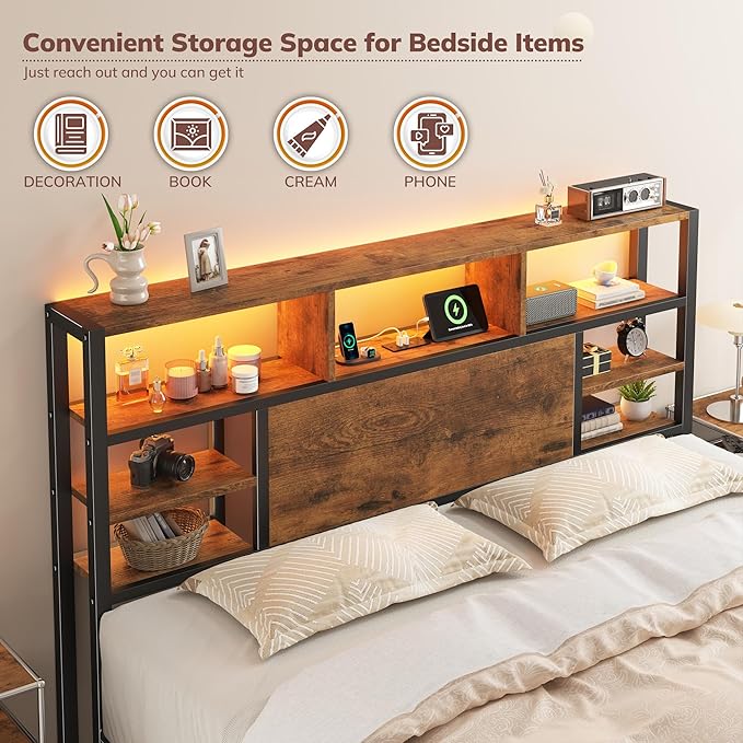 Homkdom Queen Bed Frame with Storage Headboard, LED Lights & Charging Station Heavy Duty Metal Platform Bed for Bedrooms, 1100 LBS Capacity, No Box Spring Needed, Easy Assembly,Vintage Brown