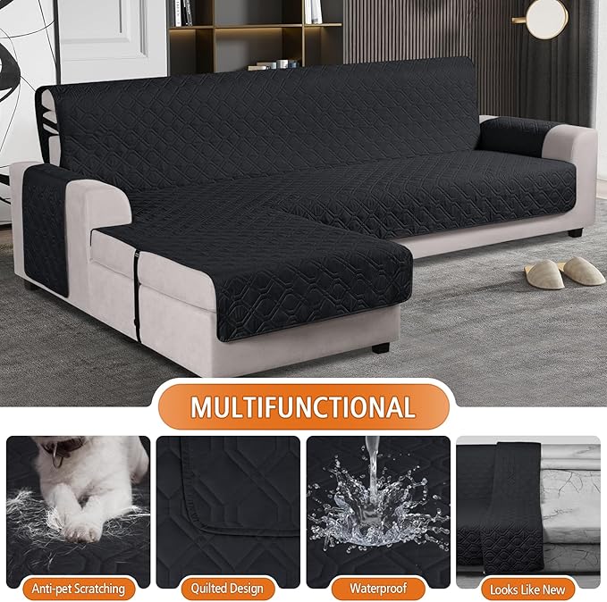 VANSOFY Upgraded Sectional Couch Covers 100% Waterproof L Shaped Sofa Slipcover Reversible Chaise Lounge Cover for Sectional Sofa Furniture Protector Cover for Pets Dog Cat(Large, Black)