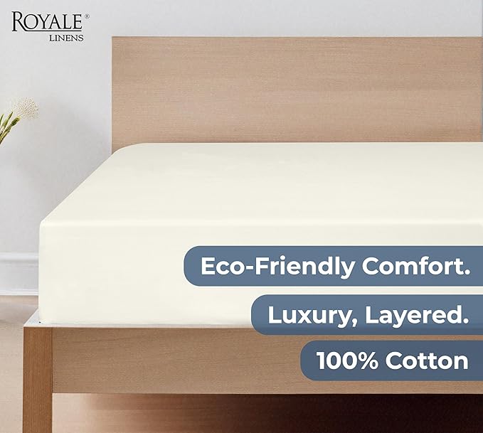 Royale Linens 100% Organic Cotton Fitted Sheet - Percale Weave - Super Soft Deep Pocket Bottom Sheets - Ivory Elastic Sheet Full Size - Full Fitted Sheets Only - (54"x75"+15", Ivory)
