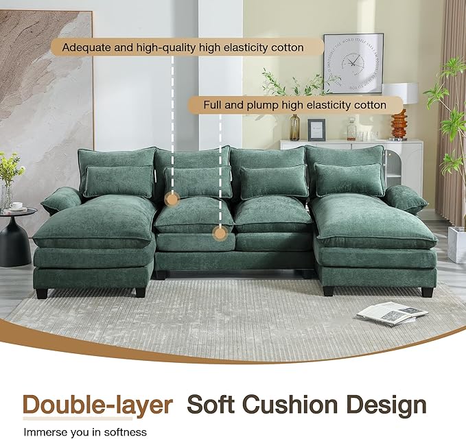 110.2" Modular U Shaped Cloud Couch, Modern 4-Seat Chenille Upholstery Sectional Sofa with Double Chaise & Double Layer Cushions, Deep Seat Comfy Couch for Living Room, Bedroom, Apartment, Green
