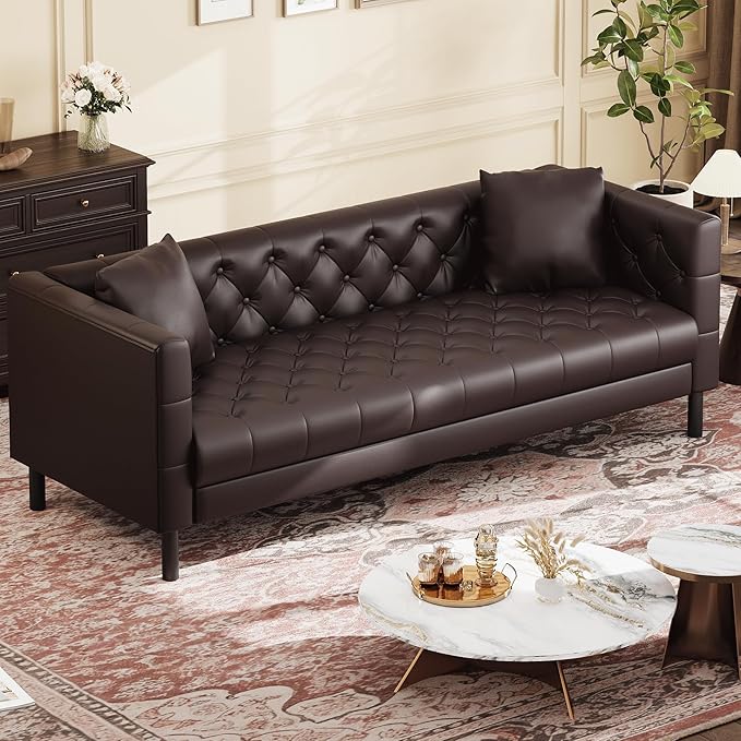 GarveeHome 81 in Leather Couch for Living Room, Modern Sofa Couch with Deep Seat and 2 Pillows, Handmade Button Tufted 3 Seater Sofa, Leather Sofa for Apartment, Office, Dark Brown