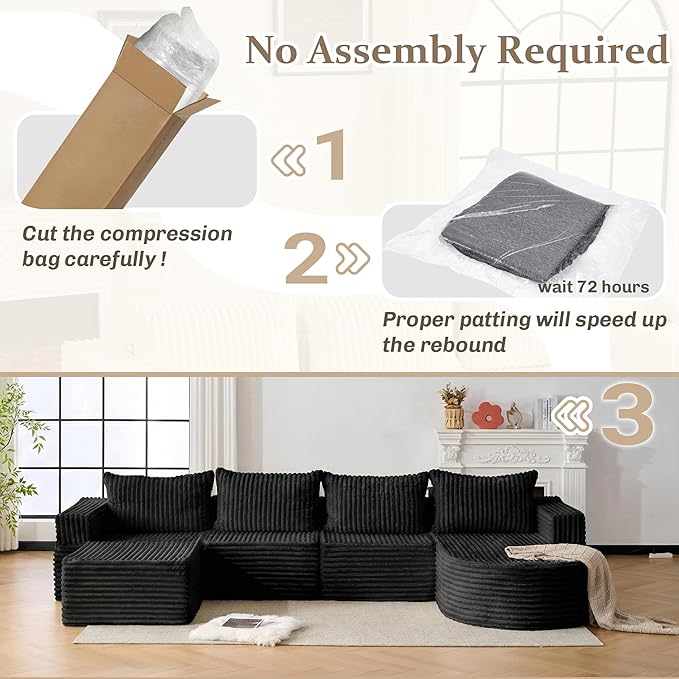 132” Boneless Couches for Living Room, L-Shaped Modular Sectional Sofa with Chaise & Ottoman, Modern Corduroy Cloud Couch with Deep Seat, Comfy Sponge Compression Convertible Sofas