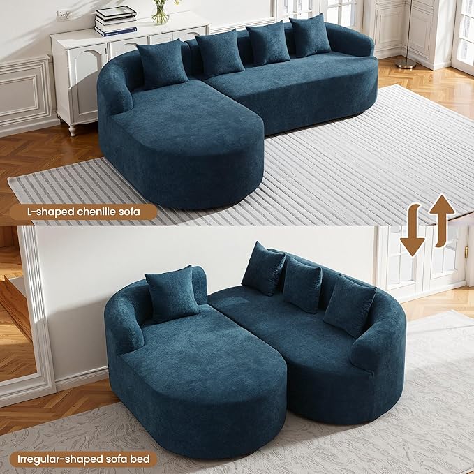 Boneless L Shaped Sofa Couch, Oversized Sectional Curved Cloud Sofa with Chaise Lounge, Chenille 4 Seats Deep Seat Couches for Living Room, No Assembly, Blue