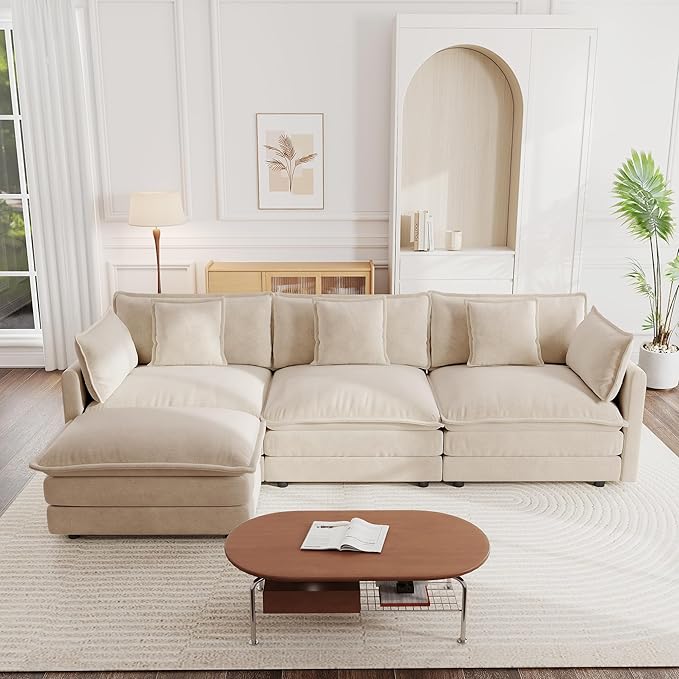 mikibama Modular Sectional Sofa, 111.5 Inch L Shaped Couch Set for Living Room, 3-Seater Comfy Cloud Couches with Movable Ottoman, DIY Combination, Chenille, Light Coffee