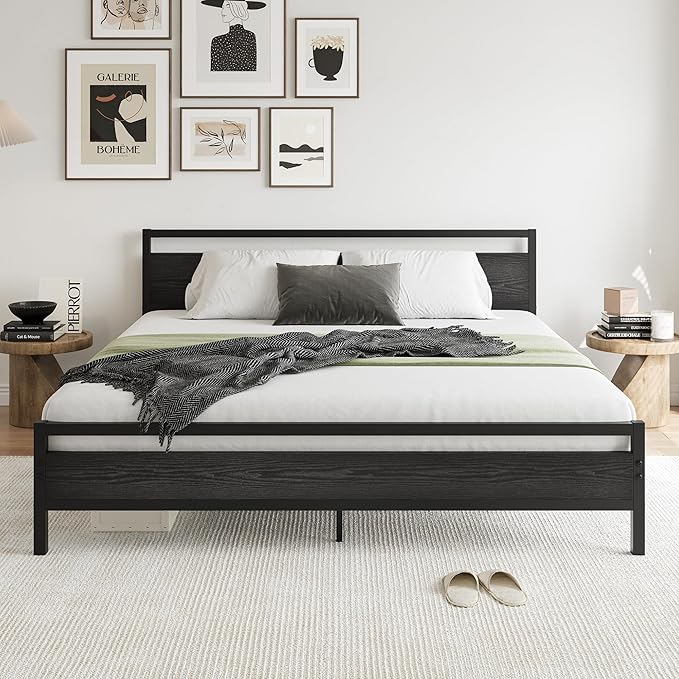 BOFENG Black King Size Bed Frame with Wood Headboard,Industrial Metal Platform Bed Frame King Size with Storage No Box Spring Needed,Strong Steel Slats Support,Easy Assembly