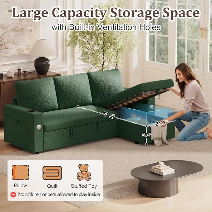 Sleeper Sofa Bed, 4-in-1 Pull Out Couch with Reversible Chaise | Dual USB & Type-C Charging | Dual Cup Holders | Layered Storage (Armrest + Chaise) for Living Room (Classic Green)