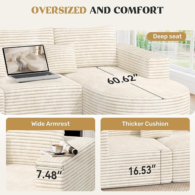 110" Modular Sectional Sofa Couches, Cloud Couches for Living Room, Boneless Sofa with Deep Seat,L-Shape Couch with Chaise,No Assembly Required,Beige,1 PCS