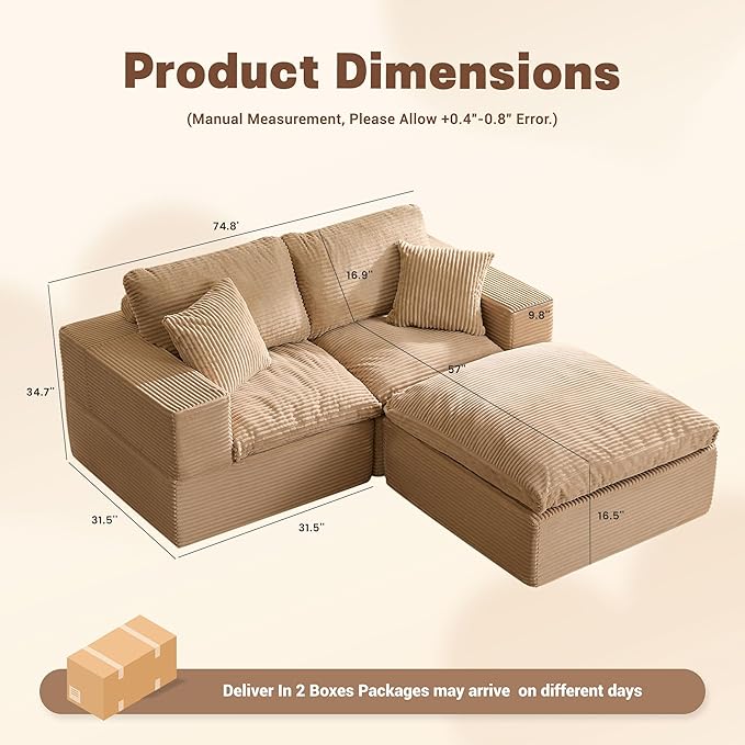74.8” Set of Cloud Couch, Modular Loveseat Sofa, Convertible Sofas Bed, Deep Seat Sofa, Cozy Sofa for Living Room, Office and Bedroom, L Shaped Cozy Sofa Furniture Set, Corduroy, Camel