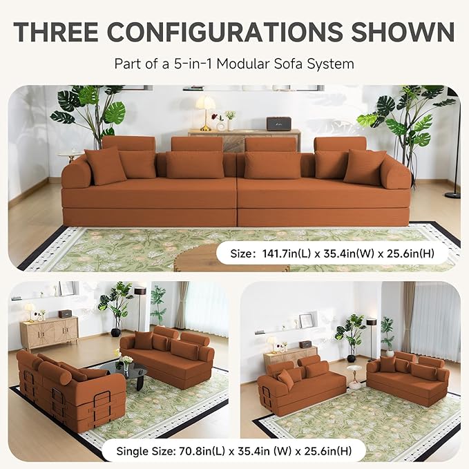 Boneless Sectional for Small Spaces, 106” L Shaped Couch from Two 70.87” Modules, Reconfigures to 141.7” Straight Sofa, Corduroy Compressed Couch in a Box with Headrest Back Pillows, Orange