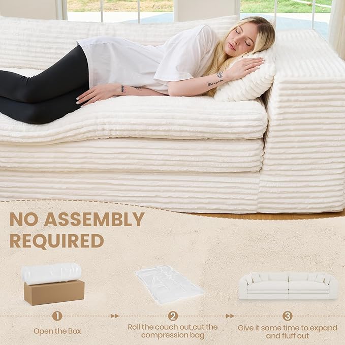 Belffin Plush Corduroy Boneless Cloud Couch with Deep Seat Convertible Sleeper Sofa Bed Cloud Boneless Sectional Couch No Assembly Required. Beige Sofa