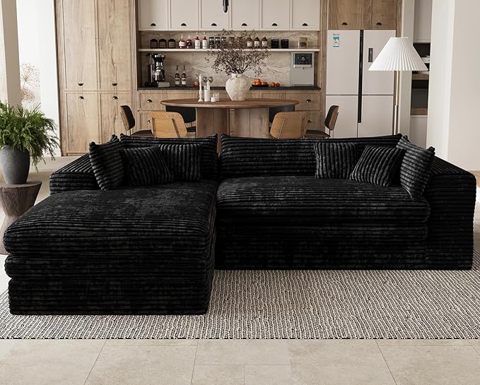 Belffin Plush Corduroy L Shaped Couch with Deep Seat Boneless Modular Sectional Cloud Boneless Couches for Living Room. Left Facing Chaise. Black Sofa