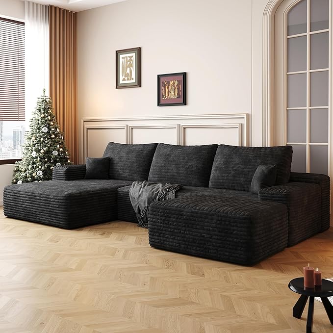 108" Sectional Couches for Living Room Cloud Couch Sofa with L-Shape Upholstered Boneless Couchs Modern Modular Sectional Couch with Chaise (Black, 108" Left Facing Chaise+2Seaters+1Ottoman)