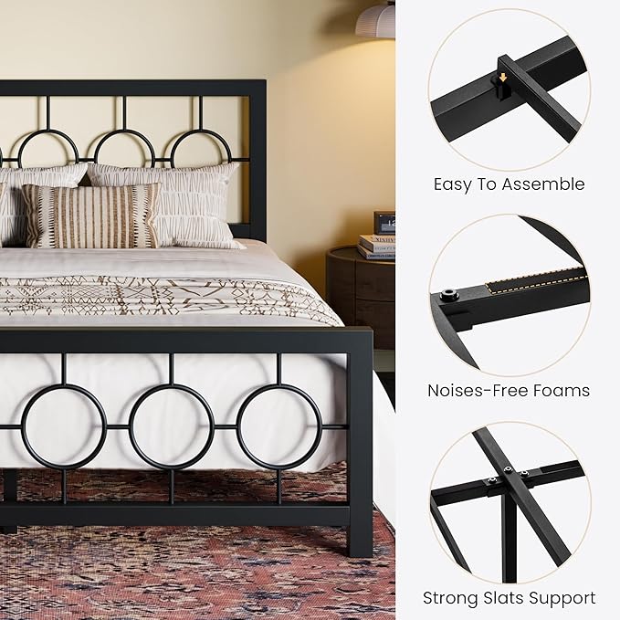SHA CERLIN King Size Metal Bed Frame with Vintage Circular Design Headboard and Footboard,No Box Spring Required,Easy Assembly,Noise-Free,Black