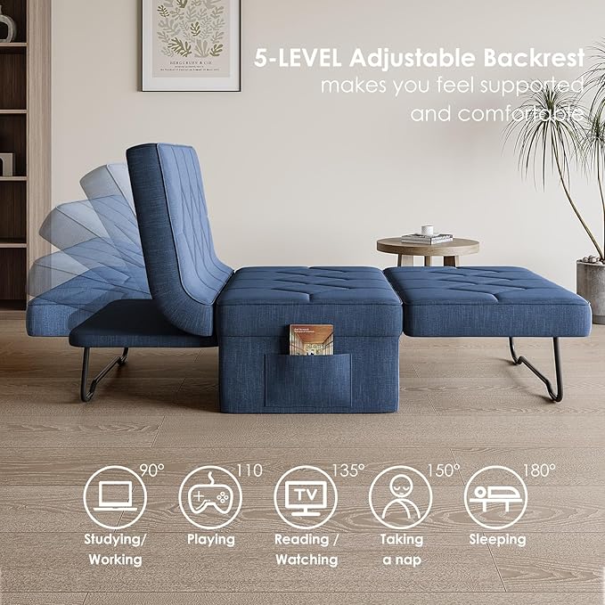 Convertible Sofa Bed with 5-Level Adjustable Backrest, 70" D x 34" W 4-in-1 Folding Ottoman Sleeper Chair Bed, Modern Single Futon Couch for Living Room Apartment Dorm Small Space, Navy Blue