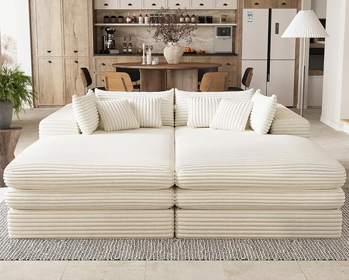 Belffin Double Chaise Lounge Sofa Bed Plush Corduroy Boneless Sectional Cloud Couches for Living Room Boneless Cloud Couch with Deep Seat No Assembly Required. Beige Sofa