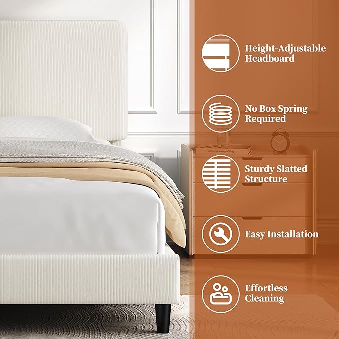Yaheetech King Bed Frames with Adjustable Headboard, Chenille Fabric Upholstered Headboard/Platform Bed, King Size Bed Frame No Box Spring Needed/Wood Slats Support/Easy Assembly/Beige