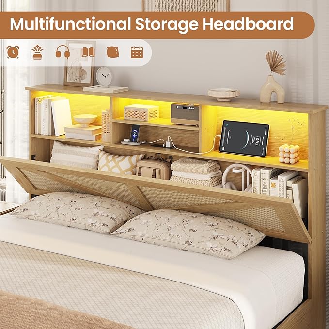VIAGDO Bed Frame Queen Size with Bookcase Storage Headboard, Charging Station and LED Lights, Wooden Queen Bed Frame with 4 Drawers, Barn Door Design, No Box Spring Needed, No Noise, Natural Rattan
