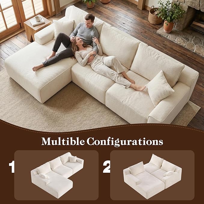 97”Modular Sectional Sofa, Cloud Sectional Couch with Deep Seat, Modern Modular L-Shape Sofa Couch, Upholstered Boneless Couches for Living Room Bedroom (White Check, Left Facing Chaise)