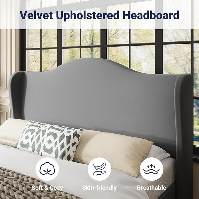 Allewie Queen Size Bed Frame, Upholstered Wingback Platform with 47" Tall Tufted Headboard, Plush Velvet Fabric, Modern Minimalist Design, No Box Spring Required, Tool-Free Assembly, Grey
