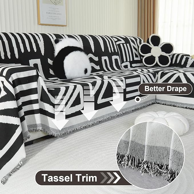 OstepDecor Boho Sectional Couch Covers 2 Pieces, L Shaped Sofa Cover, Chenille Couch Cover for Dogs Washable, Couch Cover Blanket, Sofa Slipcover for 2-3 Cushion Couch (71"x118"+91"x134", Black)