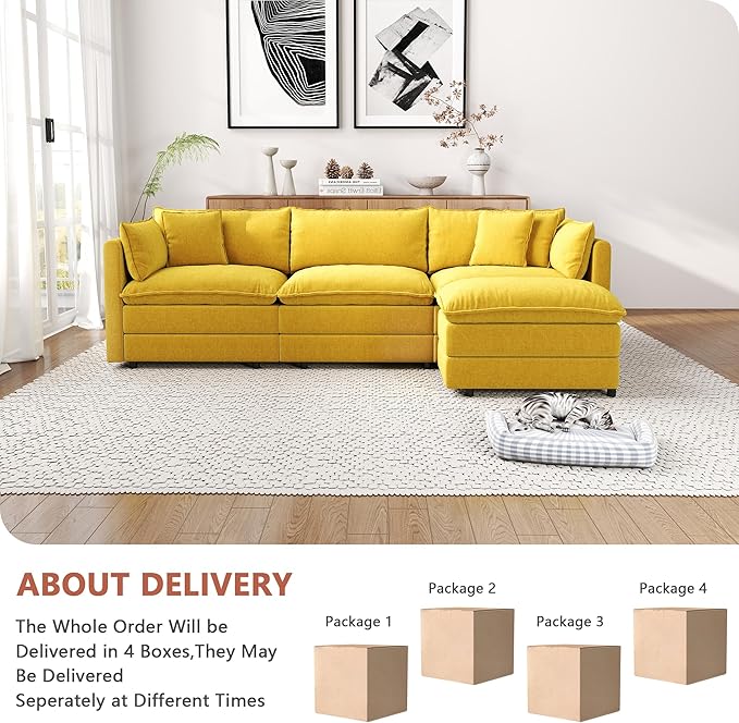 Setawix Deep 3 Seater Couch with Ottoman,112.2" L-Shaped Cloud Couches for Living Room,Chenille Cloud Sofa Couch with Deep Seat,Modular Sectional L Shape 3 Seat Sofa for Bedroom (Yellow, 3+1)