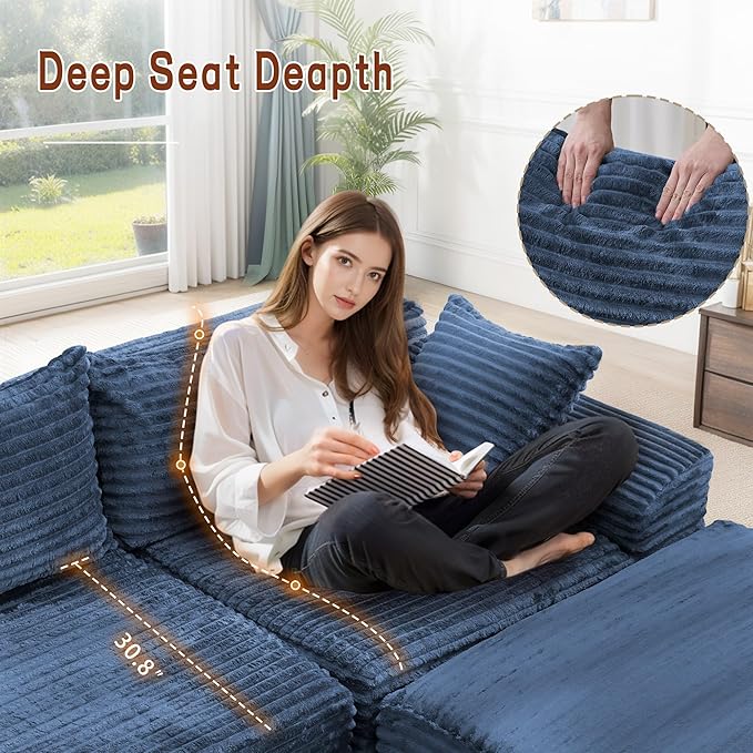 110" L-Shaped Modular Sectional Sofa with Chaise, Boneless Comfy Corduroy Fluffy Couch with Deep Seat and Side Pockets, Flexible Module Combination for Living Room, No Assembly, Side Pockets