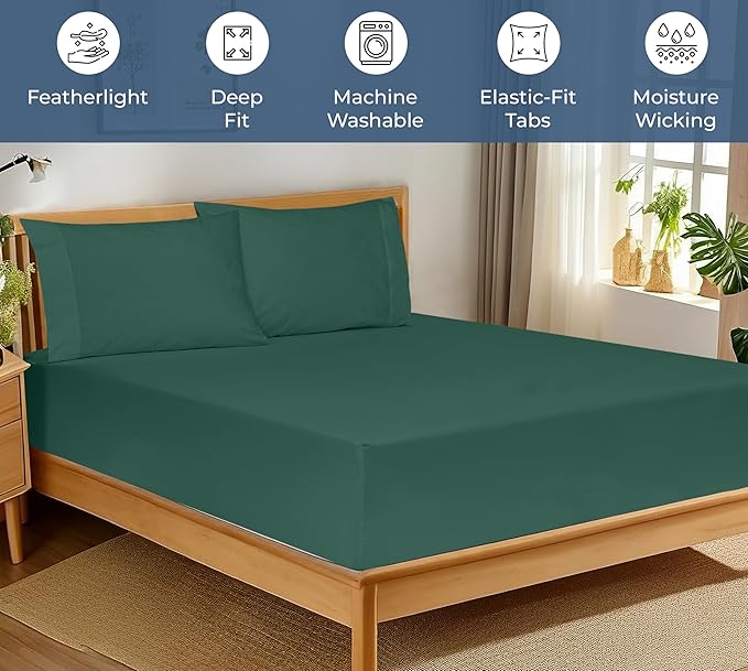 Royale Linens 100% Organic Cotton Fitted Sheet - Percale Weave - Super Soft Deep Pocket Bottom Sheets- Elastic Sheet King Cal Size -California King Fitted Sheets Only -(72"x84"+15", Hunter Green)