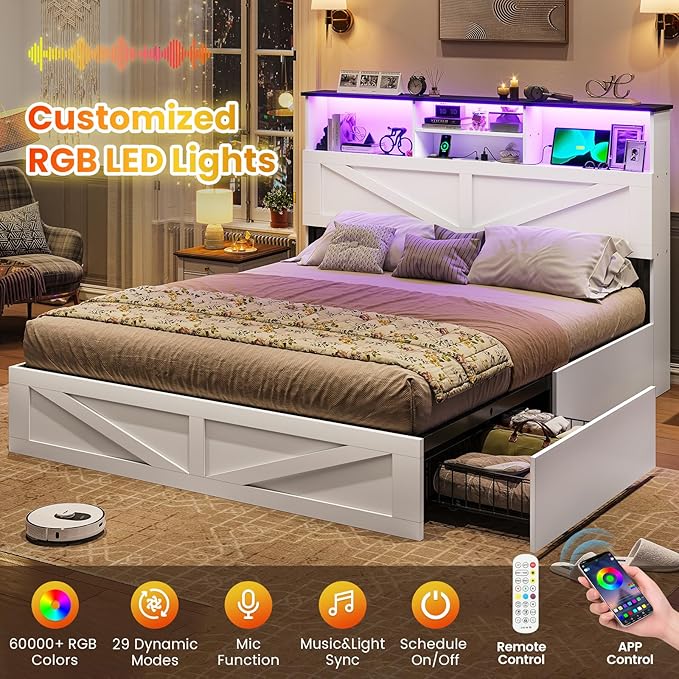 VIAGDO Farmhouse Bed Frame Full Size with Bookcase Storage Headboard, Charging Station and LED Lights, Wooden Full Bed Frame with 4 Drawers, Barn Door Design, No Box Spring Needed, No Noise, White